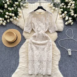 Vintage Elegant short Sleeve o-neck lace Embroidery Dress French Fashion Vestidos Basic Summer Sweet Dresses