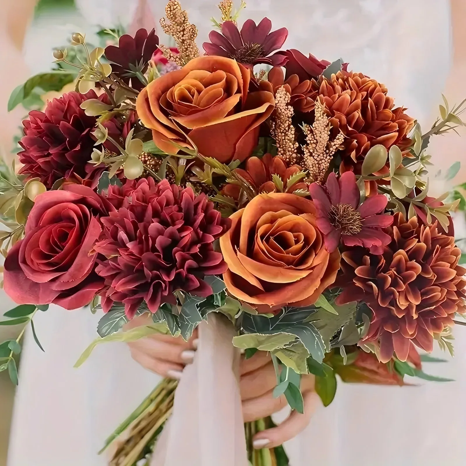 Künstlicher Rosen-Chrysanthemenstrauß mit 7-Gabeln in Herbstfarbe – lebensechte Herbstblumen aus Seide für Heimdekoration, Hochzeit, Thanksgiving – Detail 12