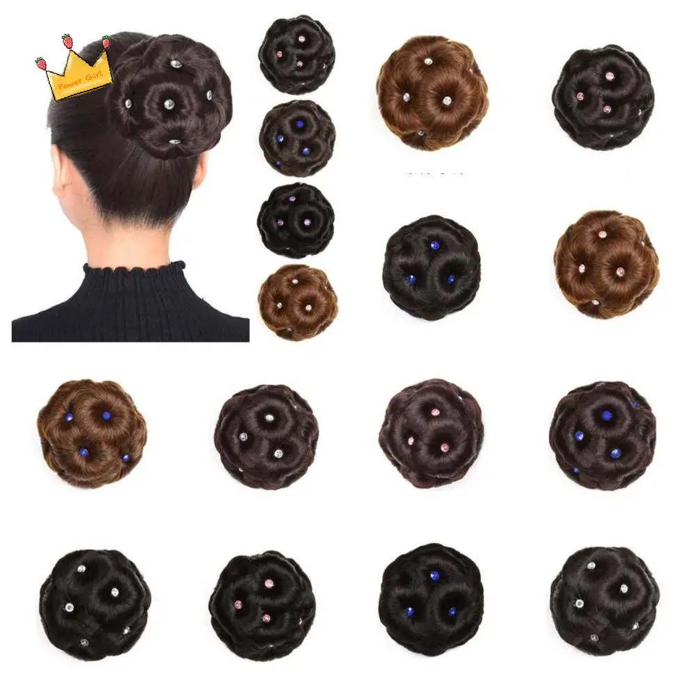 

Trendy Fake Hair Nine flowers Chignon Natural Brown Crystal Synthetic Bun Hair Extension Scrunchie Curly Chignon Bride