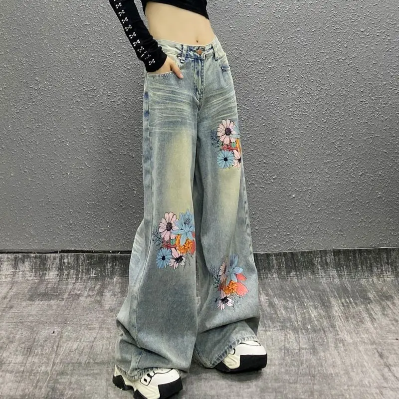 

Flower Print Drooping Casual Jeans Women'S Spring New High-Waist Loose Slim Versatile Straight Wide-Leg Floor Pants