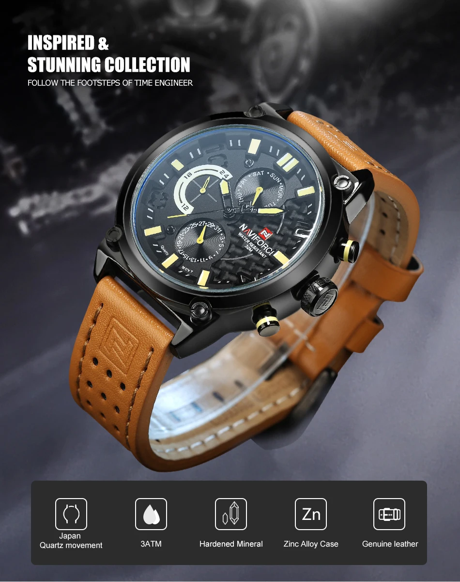 NAVIFORCE Fashion Casual Men's Watches High Quality Genuine Leather Wrist Watch For Men Waterproof Sports Quartz Clock With Date