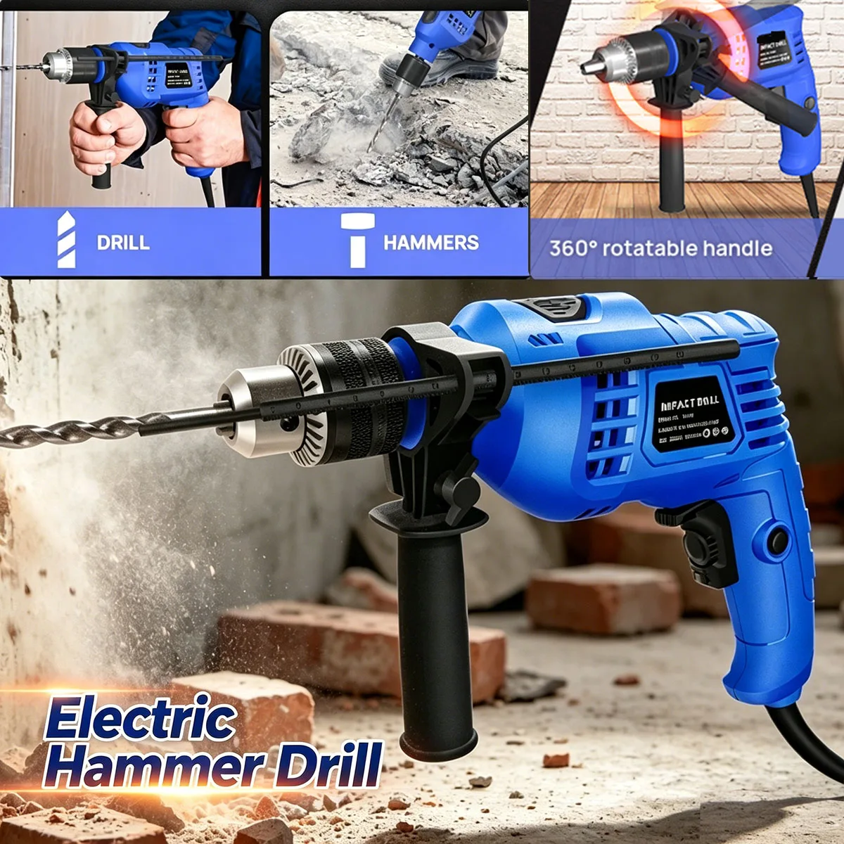 Elektrischer Bohrhammer mit Kabel, 850W Elektrischer Kabel-Bohrschrauber mit variabler Geschwindigkeit, Schlagbohrer, 13mm Metallbohrfutter, Tiefenmesser, Bohrfutterschlüssel zum Bohren von Holz,