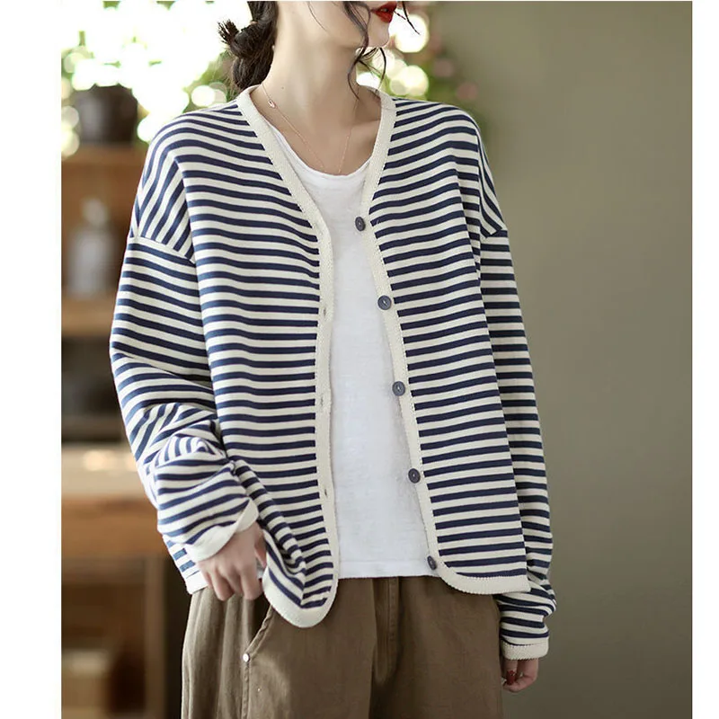 

Spring 2025 Women's New Striped Ribbon Wrapping Coat Single-Breasted Stitching Female Long-sleeved Jacket Cardigan Overwear