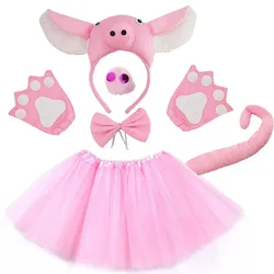 7pcs Kids Teens Pig Tutu Set Skirt with Headband Tail Bow Tie Nose Girl Women Animal Theme Party Halloween Costume Cosplay