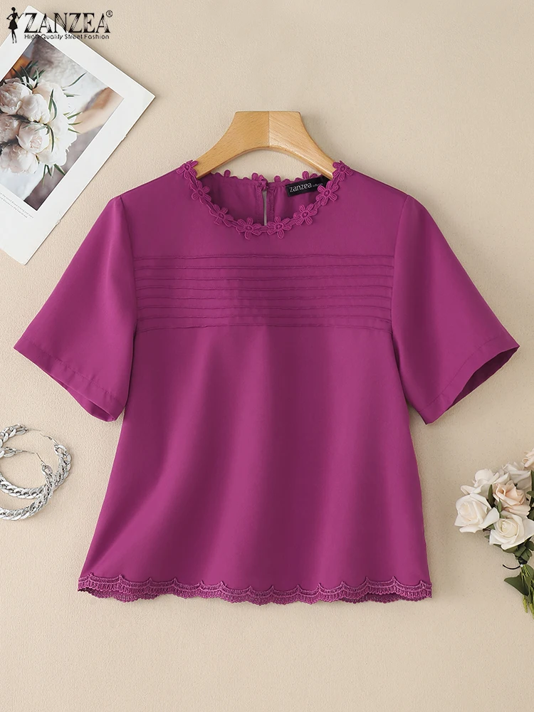 2025 Camicetta estiva con finiture in pizzo ZANZEA Donna Elegante O Collo Manica corta Top da lavoro Moda Vacanza Blusas Camicia allentata casual Mujer