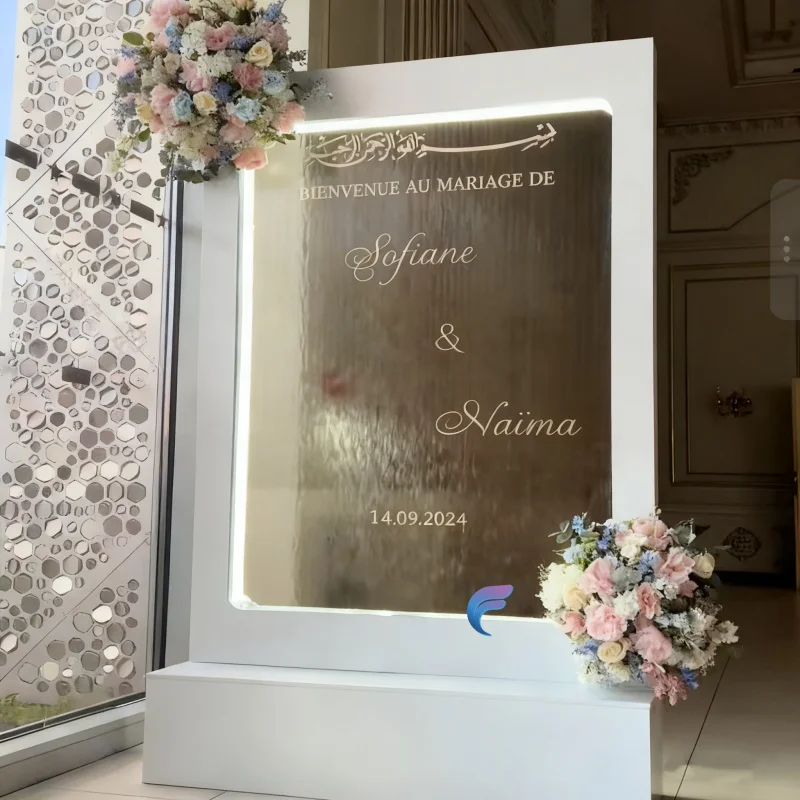 مخصص. الفولاذ المقاوم للصدأ الزفاف لافتات الزجاج شلال الجدار مع قوس الديكور LED نافورة التحكم اللاسلكية