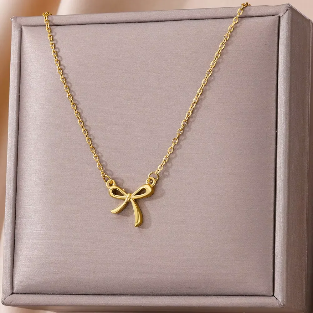 Edelstahl Bowknot Glück Halskette Für Frauen Gold Farbe Koreanische Halsketten Weibliche Ästhetische Choker Schmuck Täglichen Zubehör