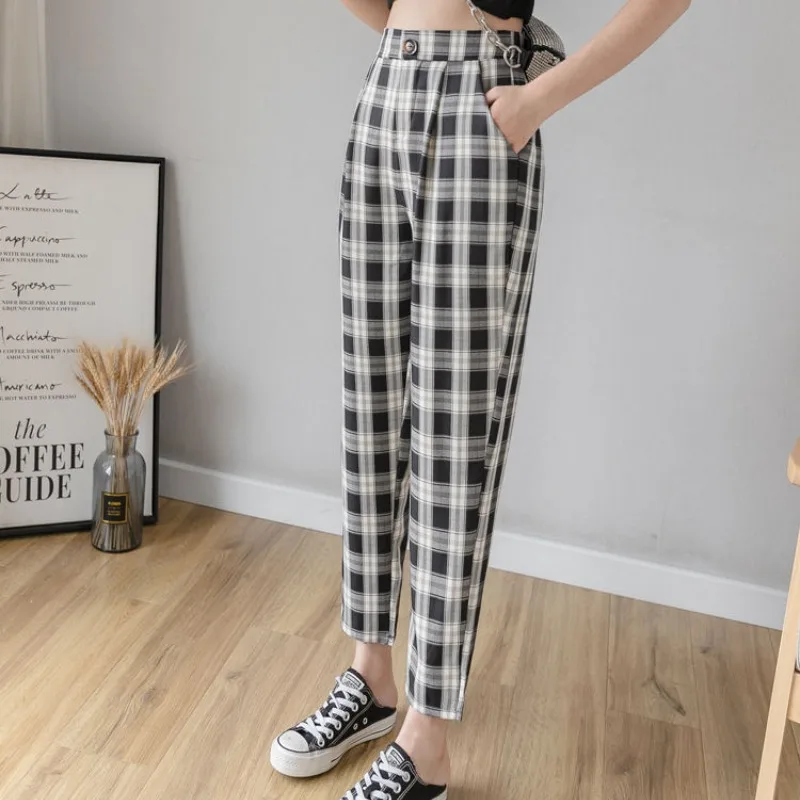 Women's Spring Summer Button High Waisted Pockets Plaid Casual Fashion Clothing Straight Trousers Contrast Color Korean Pants