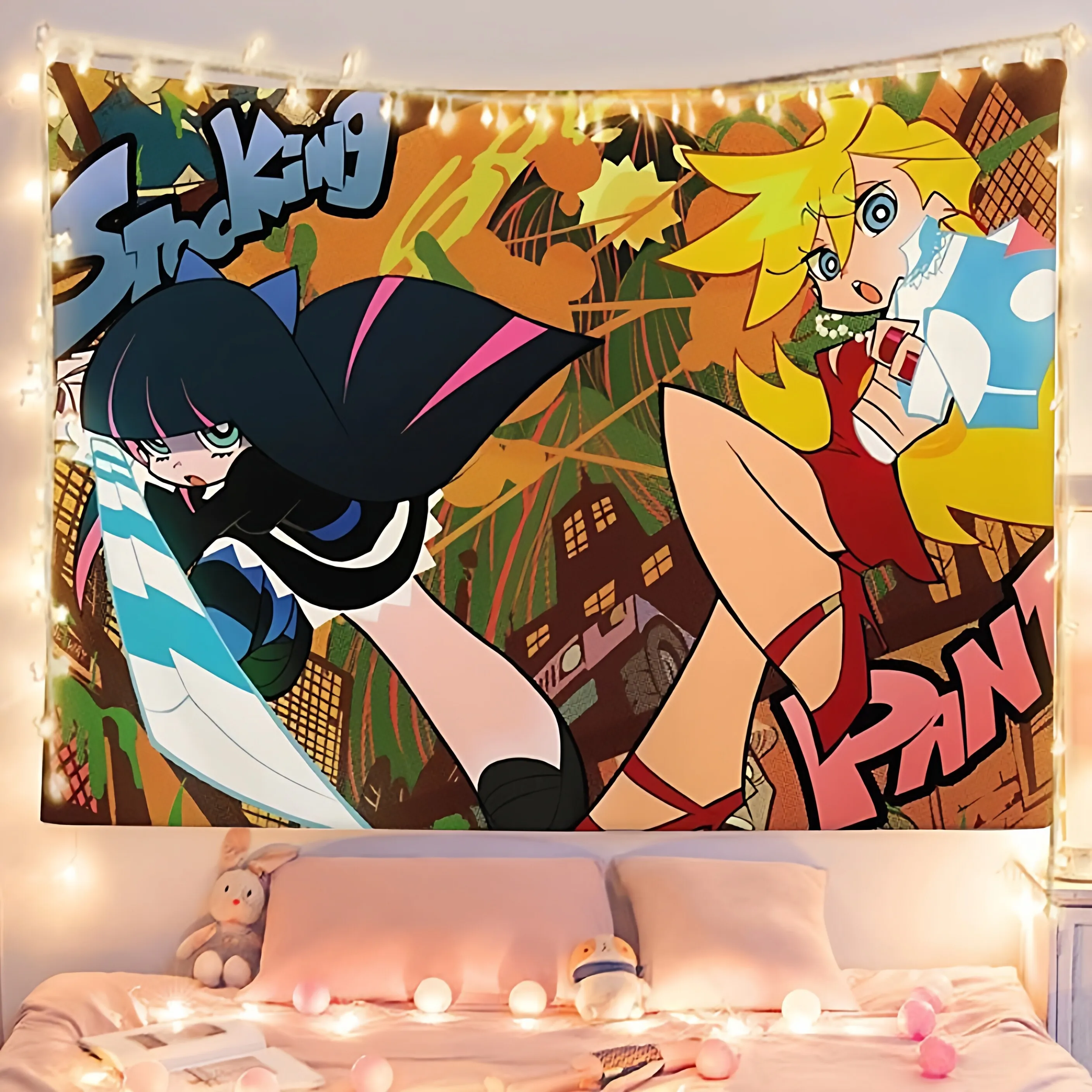 Panty & Stocking with Garterbelt Anime Wall Tapestry Otaku Style Decorative Hanging Artwork for Dormitory Bedroom Headboard