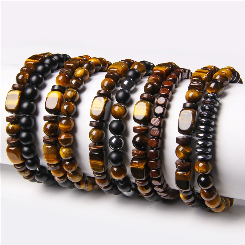 2 Chains Bracelet Set Men Vintage Stretch Bracelets Natural Rectangle Tiger Eye Stone Bead Bangle Handmade Jewelry Women Pulsera