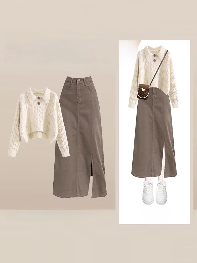

Autumn Winter Women's Knitted Cardigan Skirt Set Casual Lazy Sle Two-Piece Ensemble High Waist Skirt Long Sve Sweater
