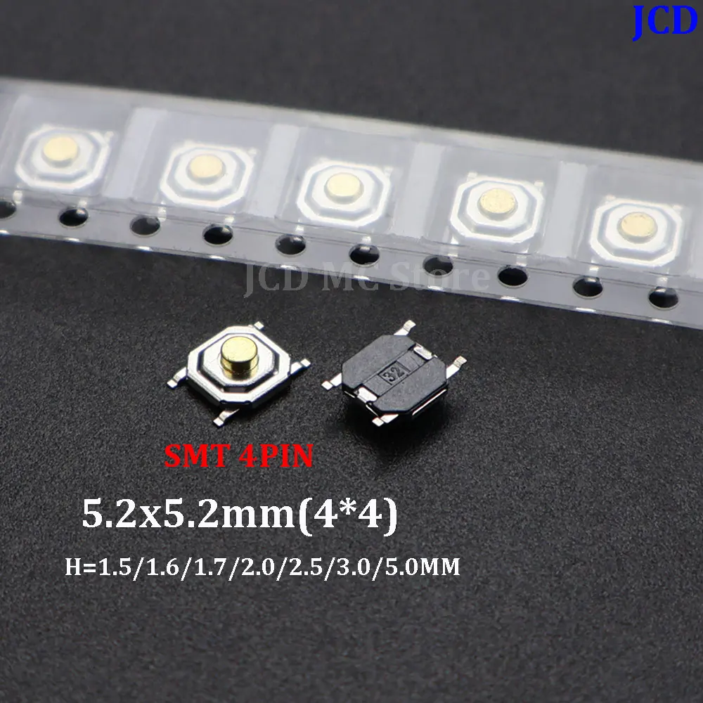 10-100PCS/Lot 5.2x5.2mm (4x4mm) H=1.5/1.6/1.7/2.0/2.5/3.0/5.0mm Momentary Metal Tact Push Button Switch SMT 4PIN Key Button