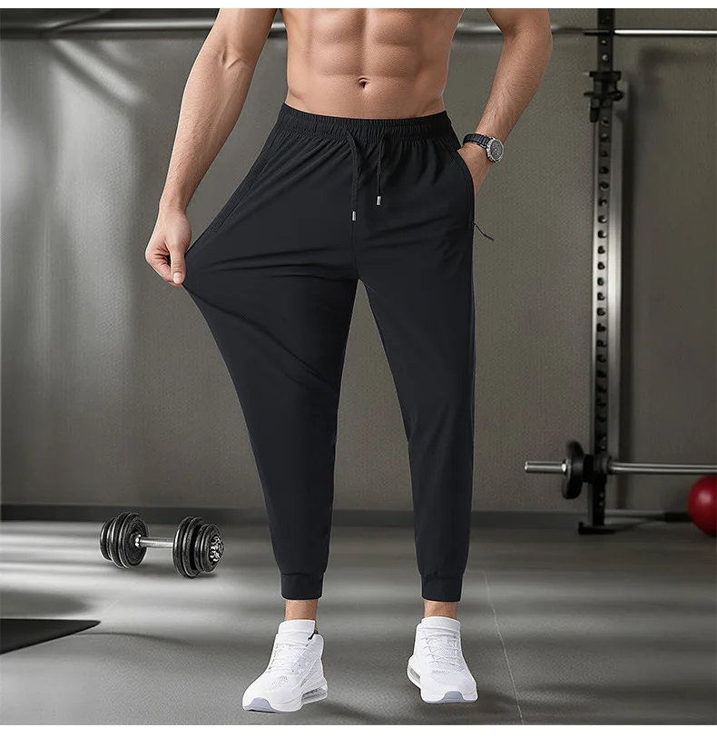 Herren Sommerhose aus Eisseide mit weitem Bein und Reißverschlusstaschen, atmungsaktive Jogging-Sporthose, lässige lange Hose – Detail 13