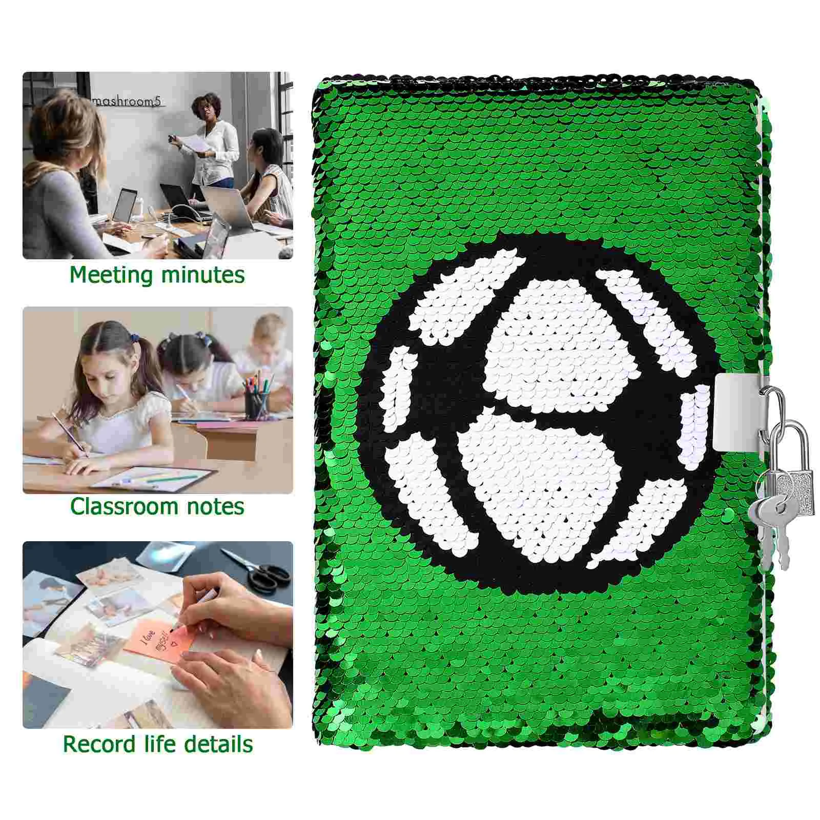 Cuaderno de lentejuelas con patrón de fútbol, cuaderno de escritura, planificador, organizador de diario personal con cerradura (verde)