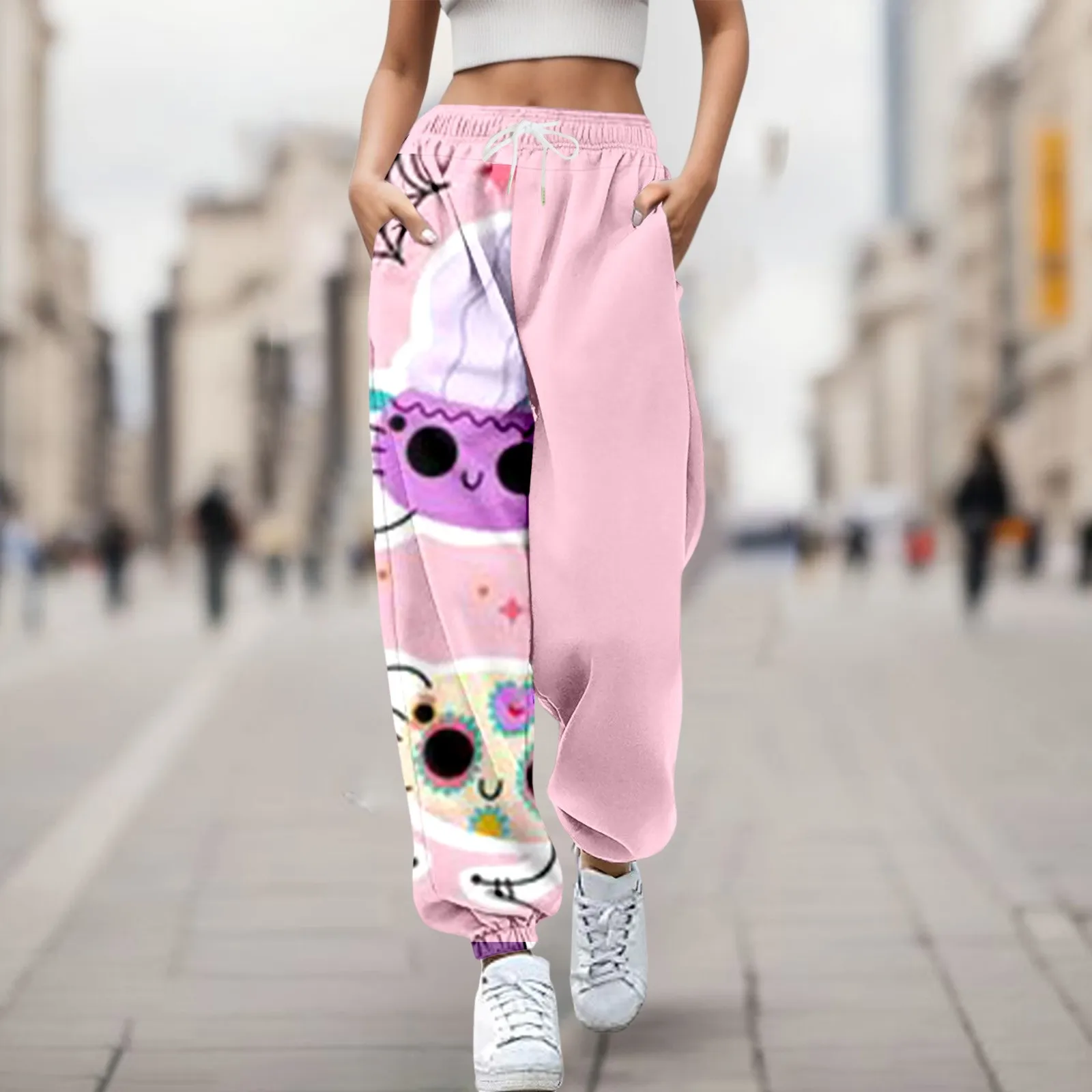 

Pink Sweatpants Women Halloween Cat Ghost Print High Waist Wide Leg Trousers Kawaii Athletic Oversize Pants Ghost Pantalone