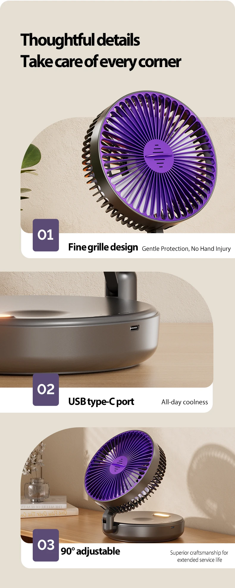 1 x wiederaufladbarer 3-in-1-Multifunktions-Desktop-Lüfter, 90 ° Faltbarer, wandmontierter Ventilator, 4-stufige Geschwindigkeiten, mit warmem Nachtlicht – Detail 15