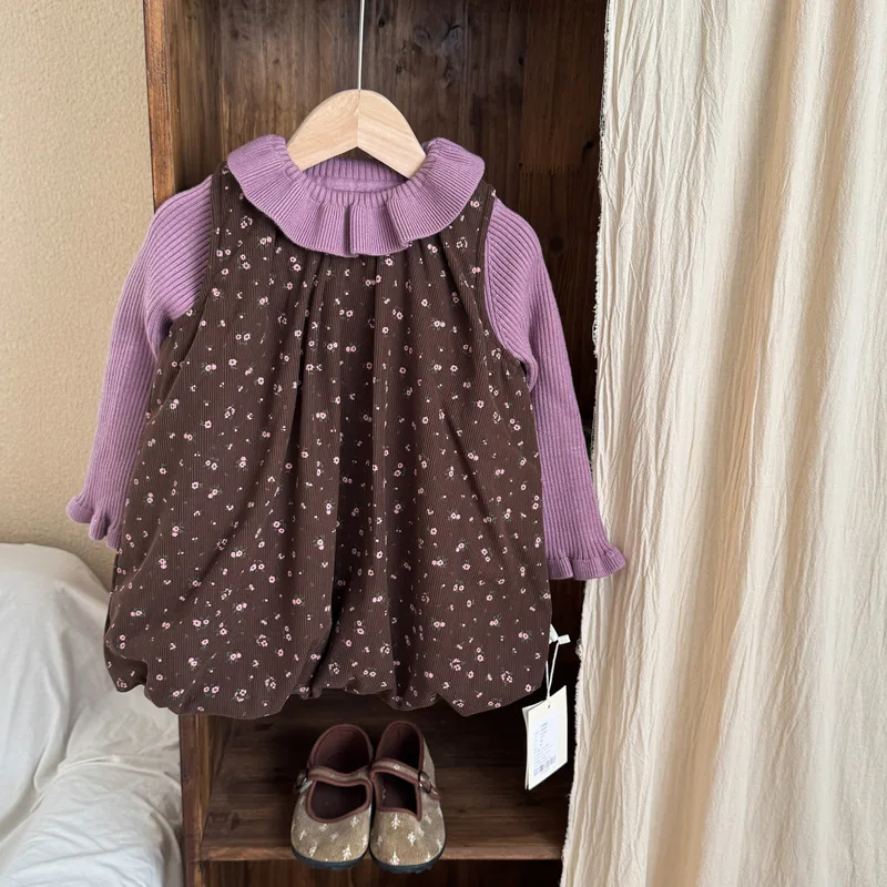 

Girls Set Autumn and Winter New Item Corduroy Clip Cotton Floral Vest Skirt Purple Lace Sweater Two-piece Set Fashionable Sweet