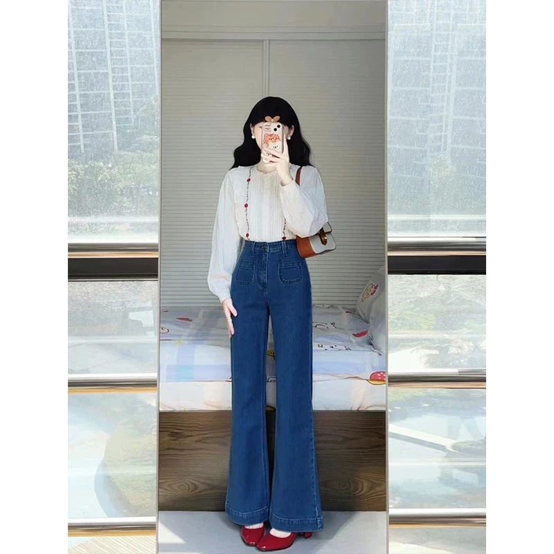 

Джинсы женские с высокой талией, синие, прямые, расклешенные, весна 2024, новинка, широкие брюки, темно-синие