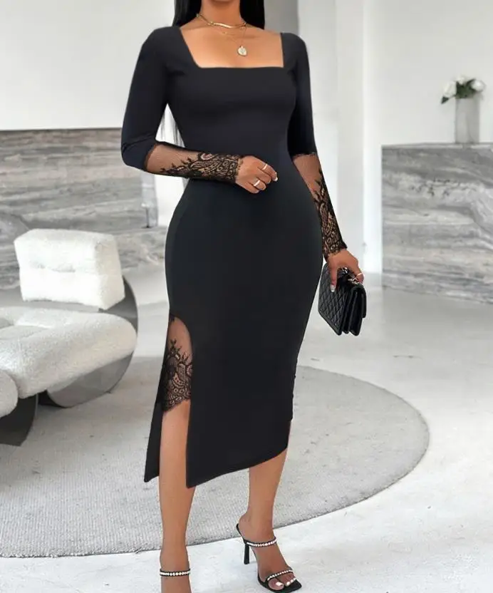 

2025 Square Neck Solid Color Waist Cinching Tight Long Sleeved Dress for Summer Women, Elegant and Sexy Lace Hip Hugging Dress