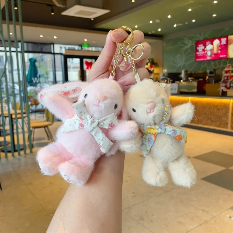 Hello kitty Flower Bowknot Rabbit Keychain Soft Cute Car Key Pendant Cartoon Stuffed Rabbit Doll Keyring Unisex