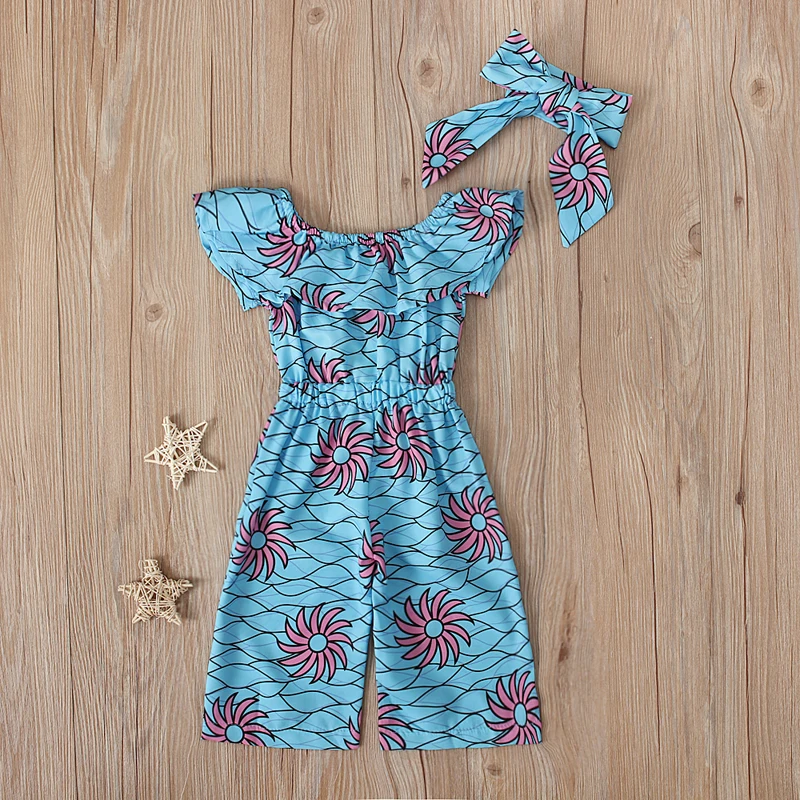 Girls Children European and American Summer Style Ruffle Off-shoulder Bohemian Bodysuit + Hairband Two-piece Set