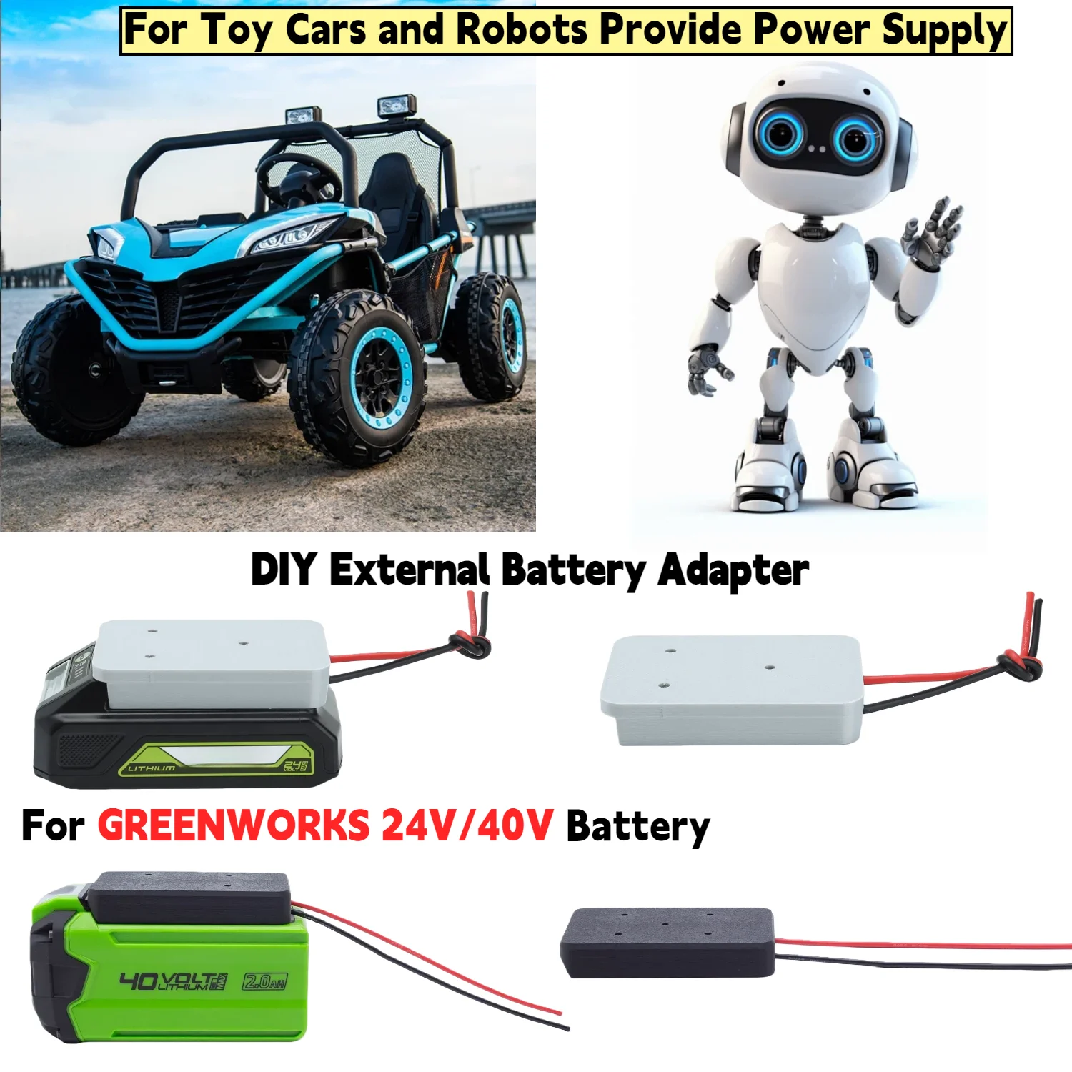 DIY External Battery Adapter Converter for GREENWORKS 24V/40V Battery 14 AWG Wire for Toy Cars and Robots Provide Power Supply