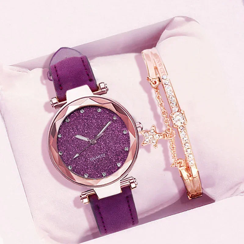 Reloj de pulsera de cuarzo negro Vintage con cinturón esmerilado y esfera redonda con diamantes de imitación y cielo estrellado plateado y rosa para mujer