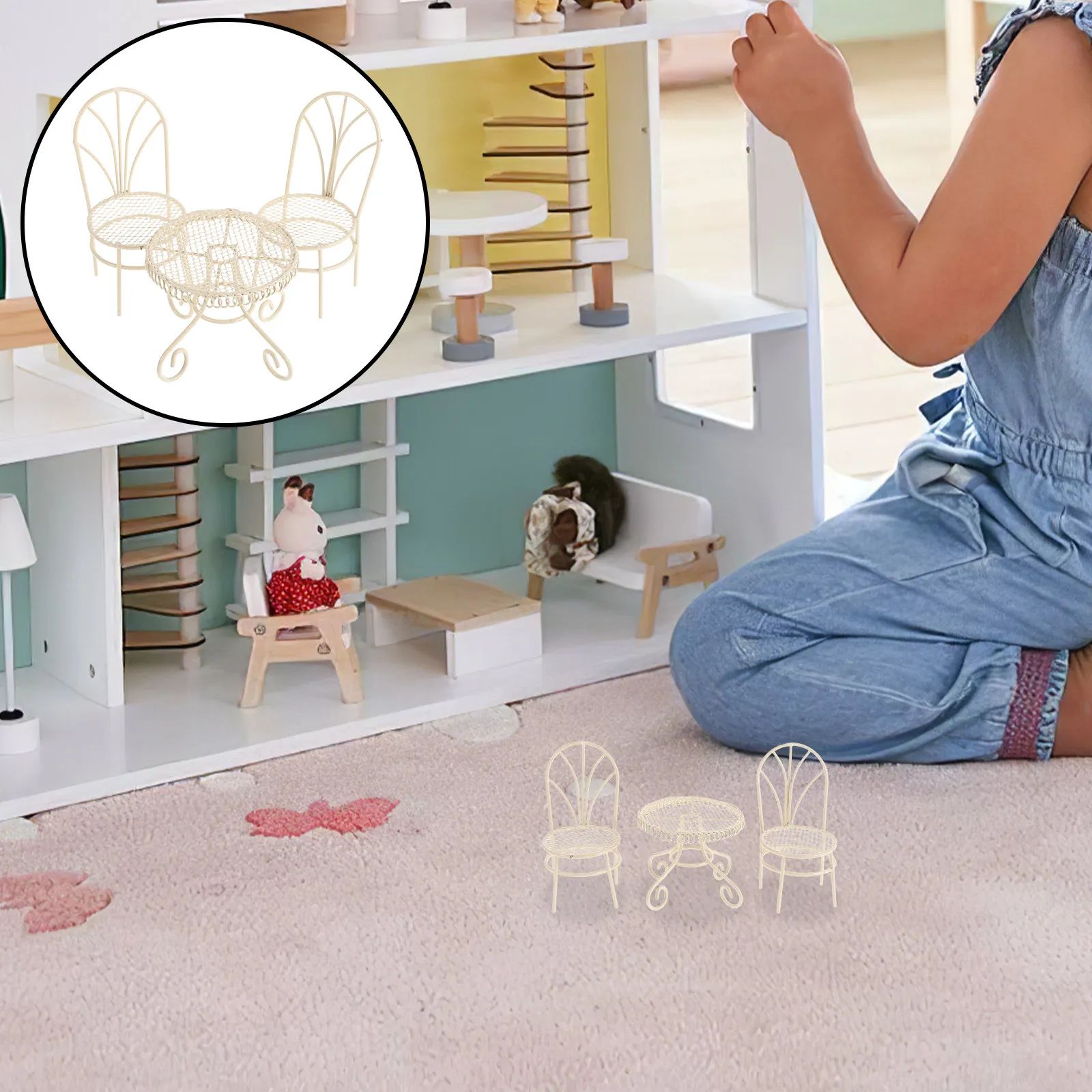 1Set Miniature Table and Chairs Set Small Garden Furniture for Dollhouse Bedroom Kitchen Space Decor Iron Elegant Desktop Prop