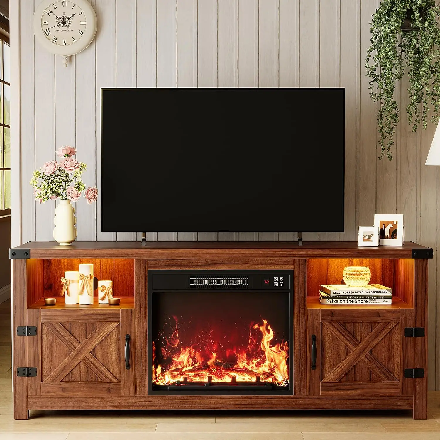 58 Inch LED Fireplace TV Stand for TVs up to 65 Inch Walnut, Customized