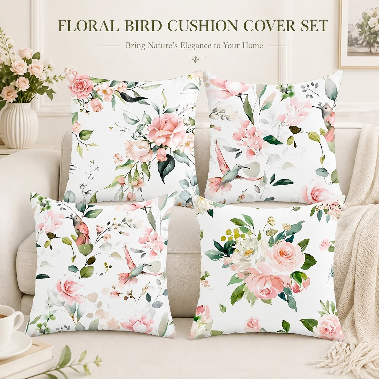

4Pcs Aesthetic Pink Rose Coussin Cushion Covers 2D Flat Printed Peach Skin Room Decor Spring Floral Throw Pillow Case For Couch