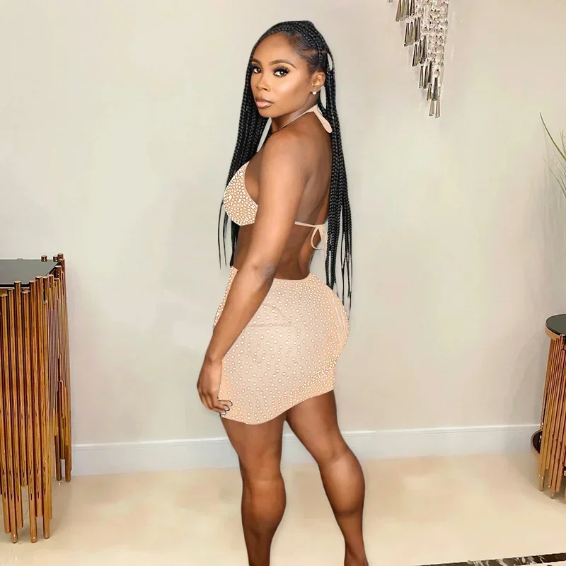 GUWU Spparkle negro Rhinestone ceñido al cuerpo Mini vestidos de mujer Glam cuello Halter recortado lentejuelas vestido corto de fiesta trajes de club nocturno
