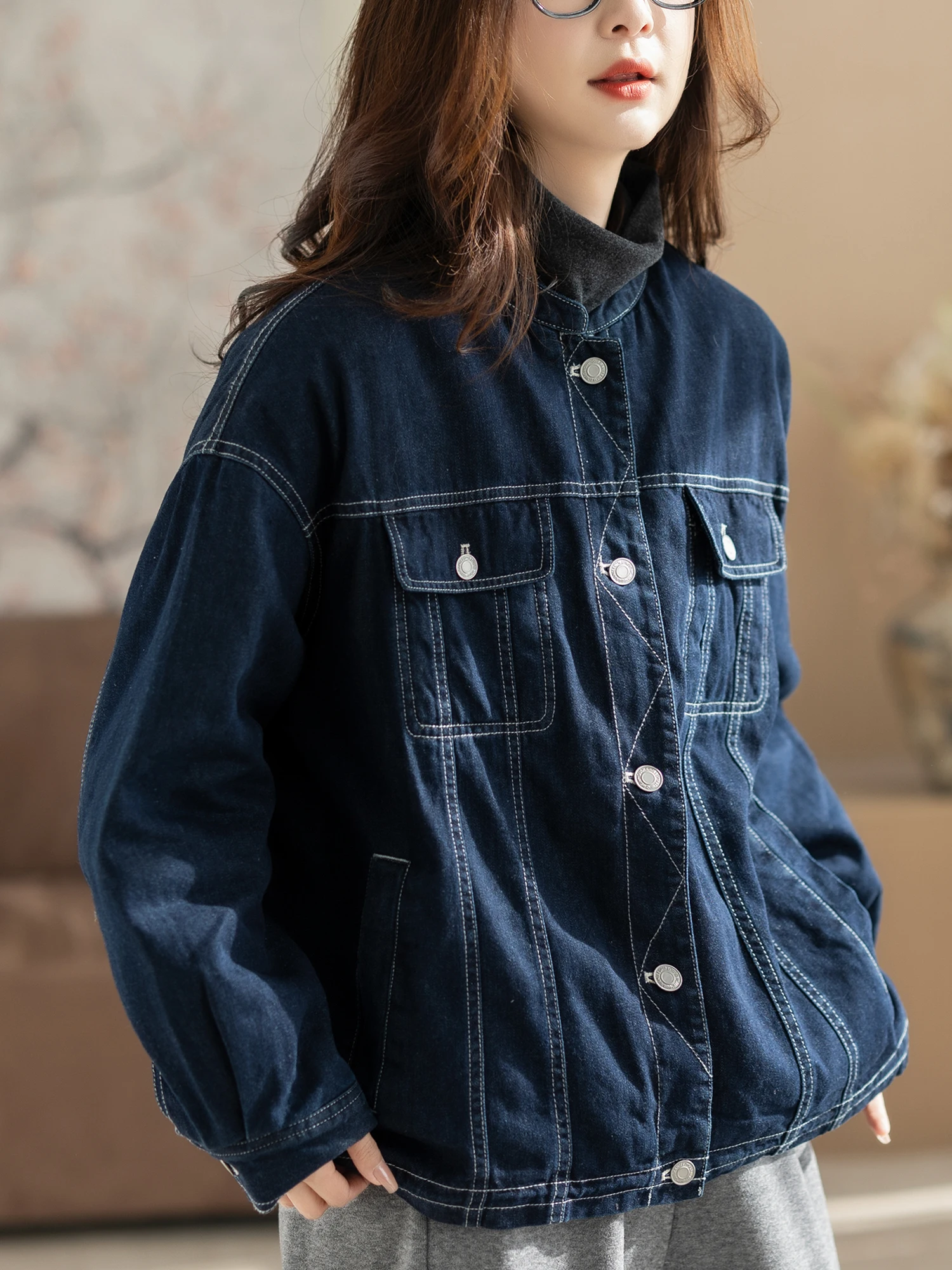 

Casual Blue Denim Jaet Women's Autumn Winter New Sle Loose Splicing Artistic Leisure Match Commuting Top Women's Cotton J...