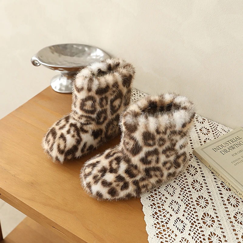 JGSHOWKITO Children's Ankle Boots Winter Warm Furry Hairy Girls Cotton Boots Leopard Fashion Non-slip Kids Outdoor Plush Boots