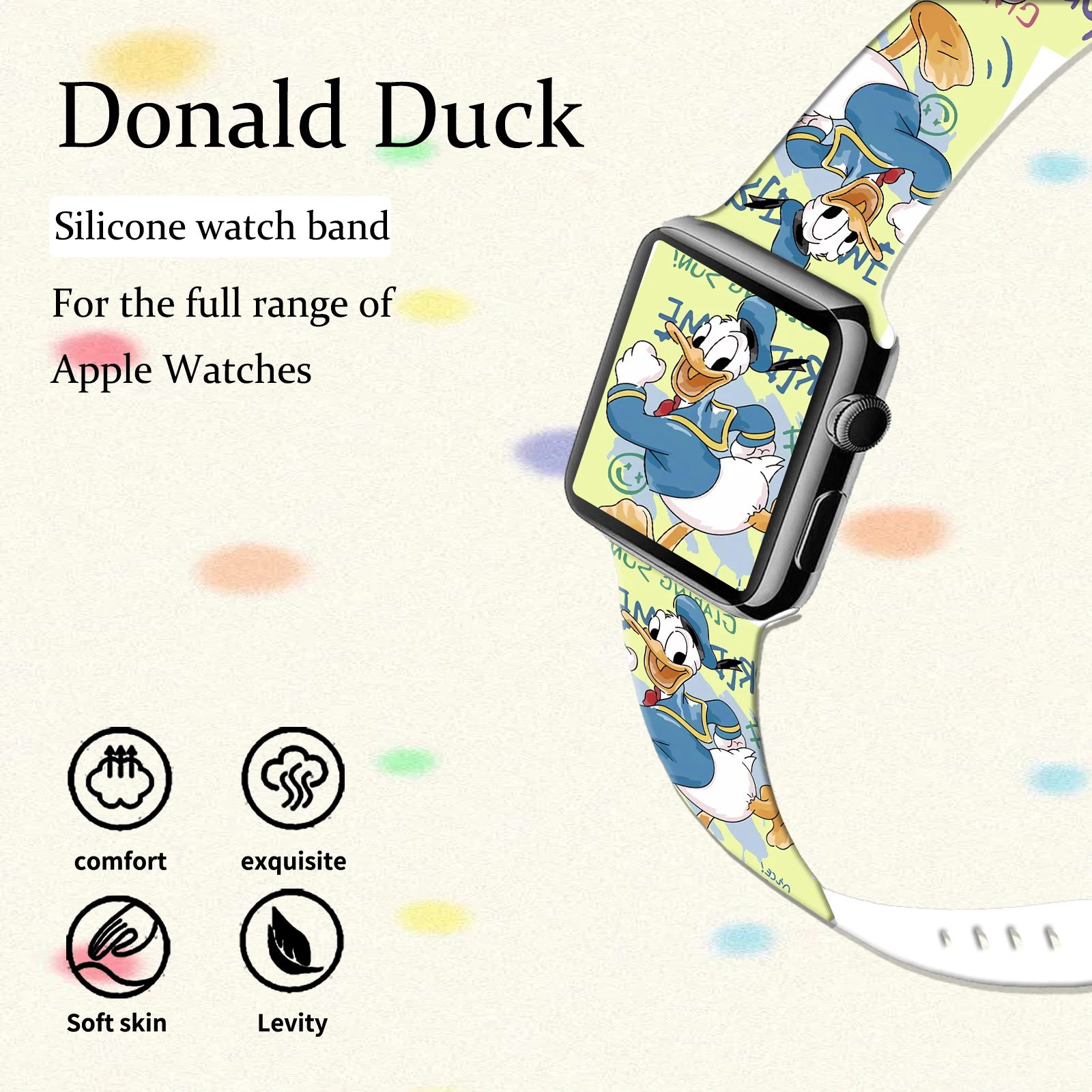 Donald Duck bedrucktes Armband für Apple Watch 11 10 9 8 7 SE, Silikonband, austauschbares Armband für iWatch 46 mm, 44 mm, 42 mm, 41 mm