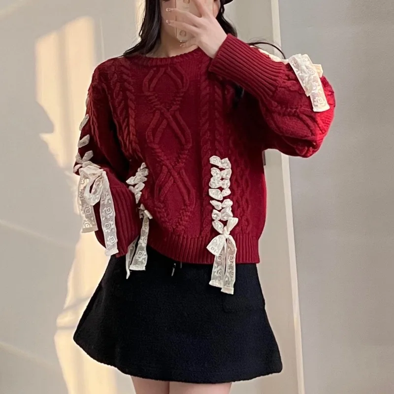 Pullovers Women Lace-up Design Chic Popular Solid All-match Jacquard Delicate Fashion Harajuku Aesthetic Casual Loose Fit Mujer