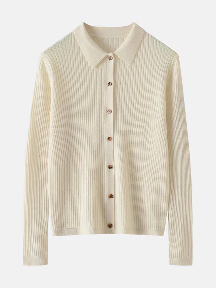 

Choice Women 100% Fine Spun Wool Cardigans Spring Autumn Polo-neck Long Sleeve Knitwear Female Basic Wool Slim Clothing Top