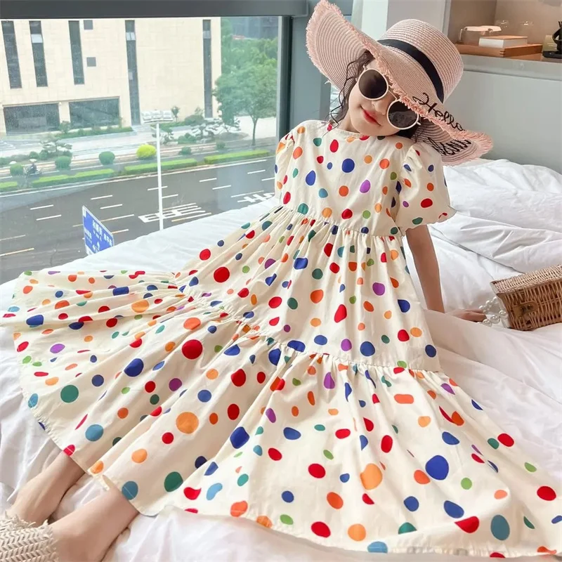 

Girl's Summer Dress Big Children's Polka Pot Gown Summer Princess Short-Sleeve Vestidos New Teenager Fashion Print Clothing