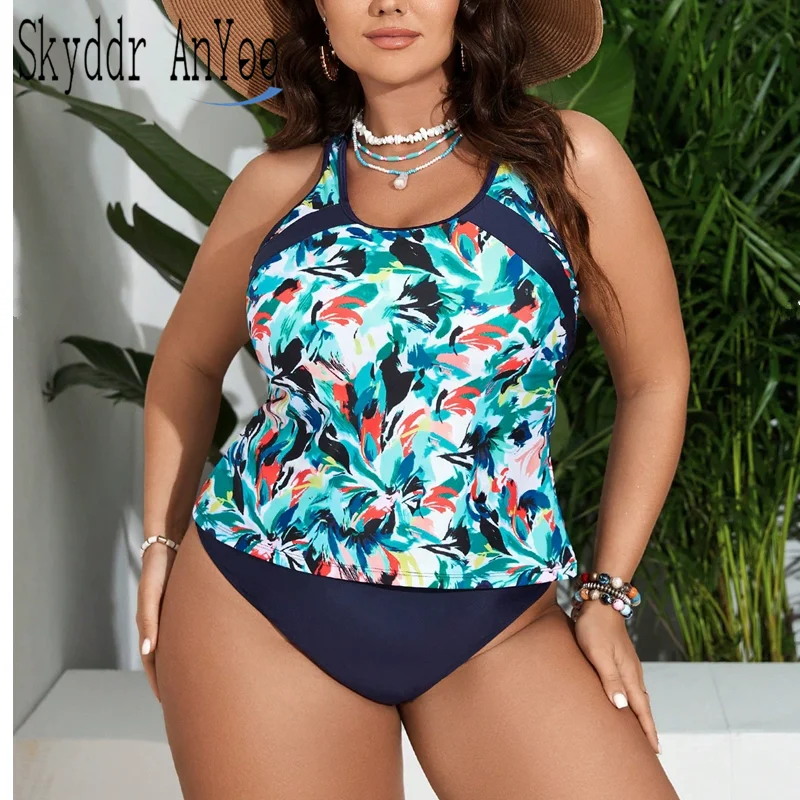 2025 Two Piece Women's Swimsuit Printed Plus Size Tankini Set  Feminine Beach Outfits Swimwear
