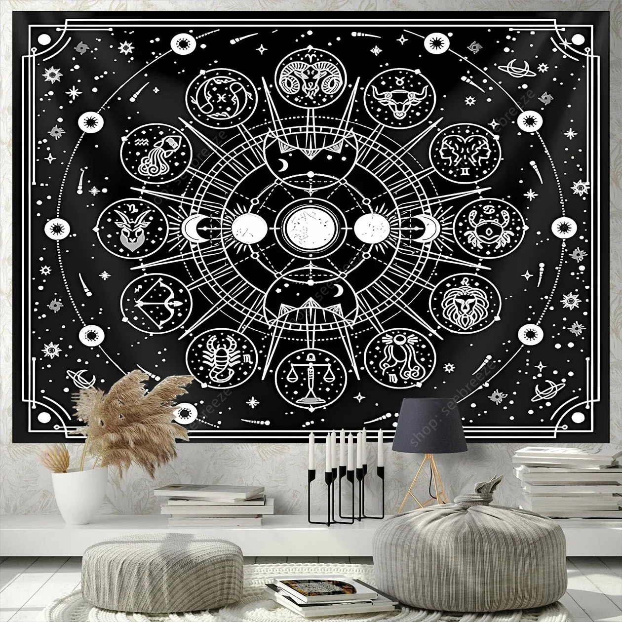 Zodiac Astrology Tapestry Black and White Constellation Tapestry Wall Hanging Teen Girl's bedroom dorm decor witchcraft supplies