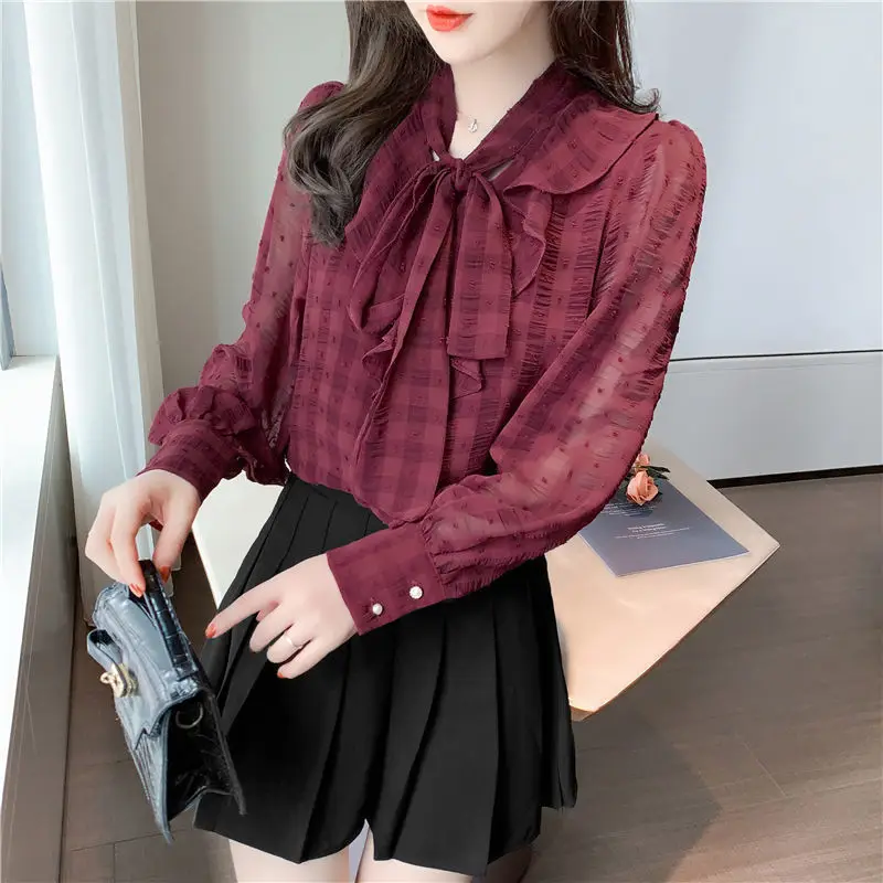 Elegant V-Neck Lantern Sleeve Spliced Ruffles โบว์เสื้อชีฟองเดินทางเสื้อฤดูร้อนฤดูใบไม้ร่วงหวานผู้หญิงเสื้อผ้าเสื้อ