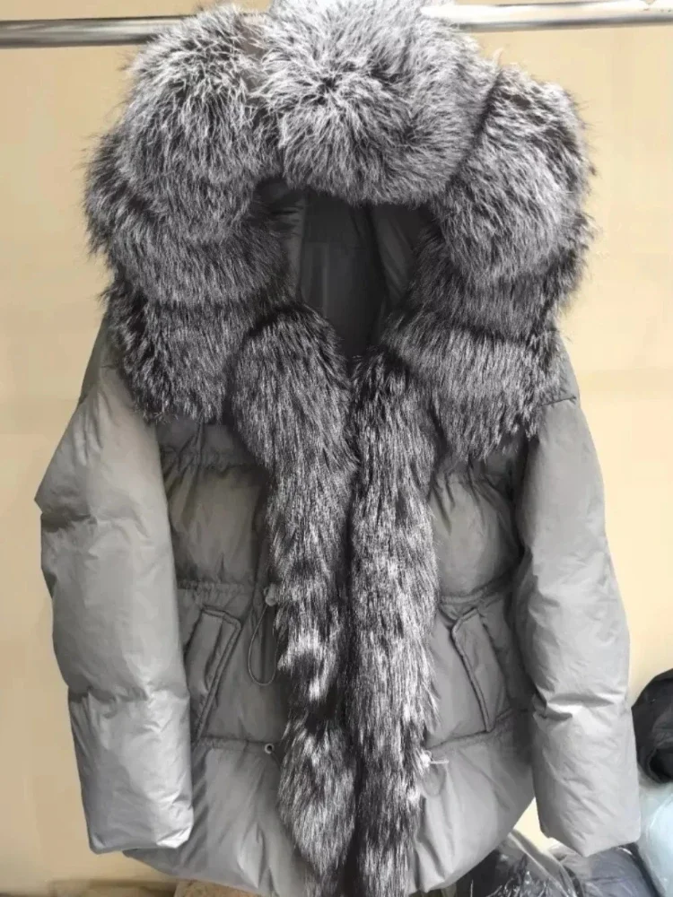 Natuurlijke vossenbontjas met capuchon Warme vrouwelijke mode Witte eendendonsjas 2025, nieuwe winter herfst dik echt bont pufferjack dames