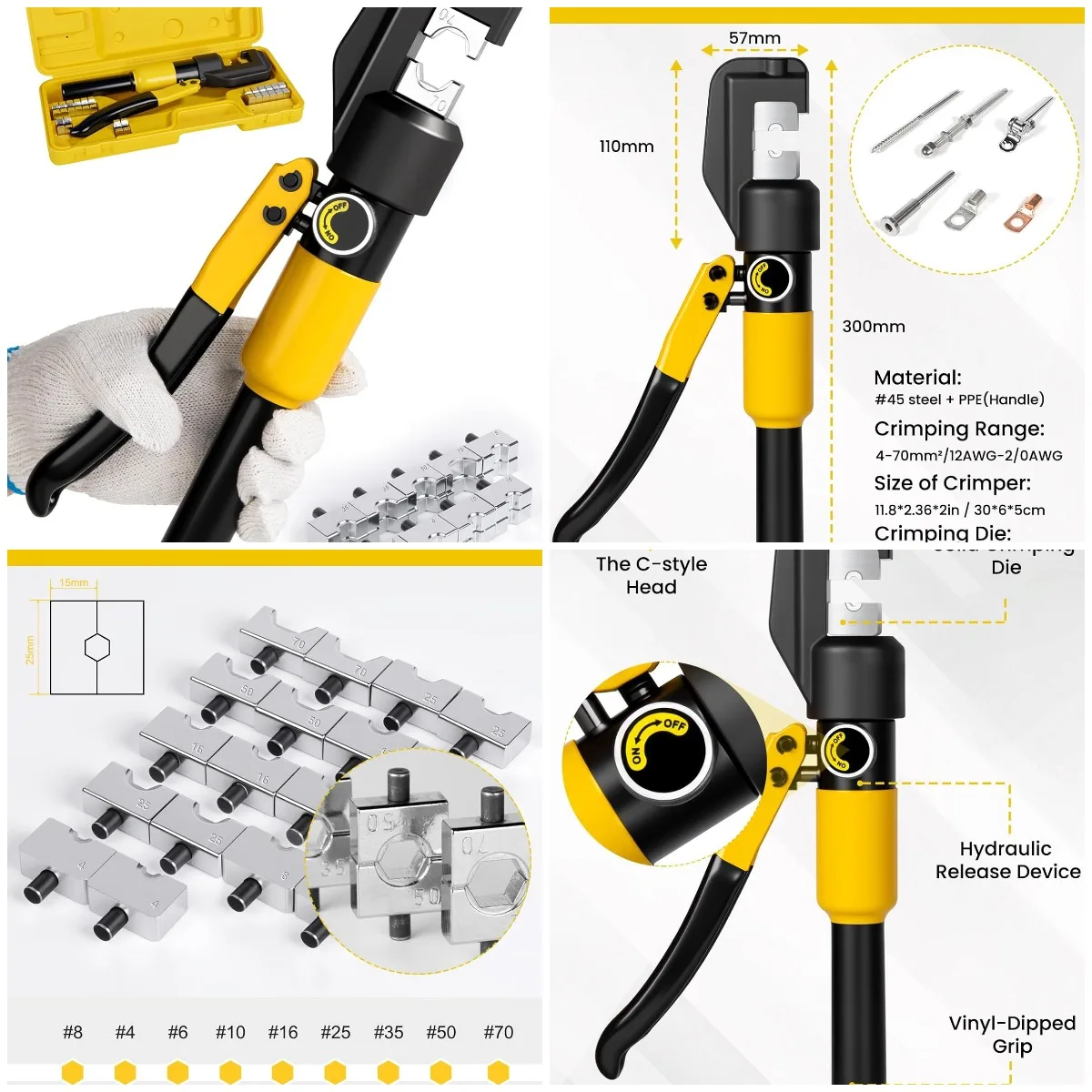 

10-тонный гидравлический обжимной прибор для аккумуляторных кабелей, 9 матриц (12 AWG до 2/0 AWG)