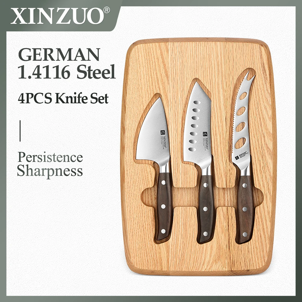 XINZUO New Collocation 4PCS Kitchen Knife Set Stainless Steel 3.5+4.5+5 Inch Cheese Knife With Nature Red Oak Chopping Board