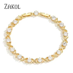 ZAKOL Zircon Cross Bracelets for Women Exquisite Round Cubic Zirconia Bangle Fashion Gold Color Wedding Party Jewelry