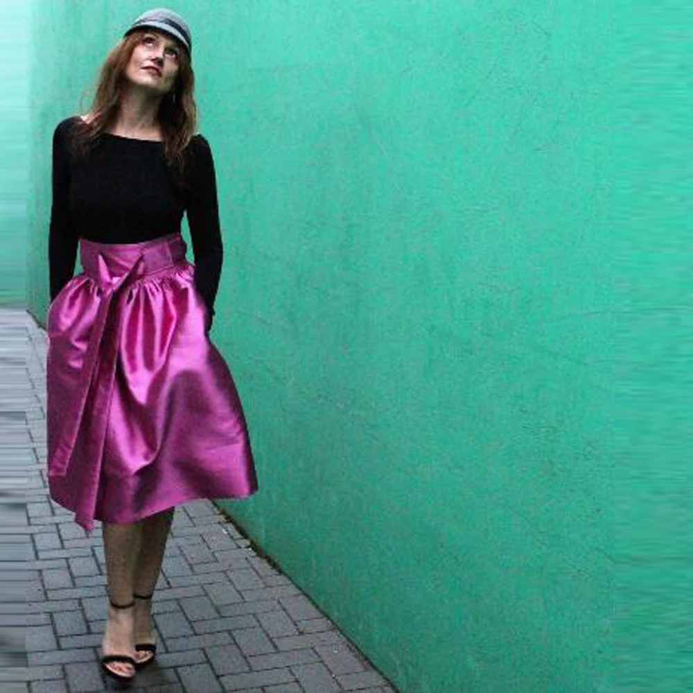 

Fuchsia Women Skirts Party Gown Knee Length Skirts High Waist Birthday Wear Custom Made Chic Satin Formal Skirt