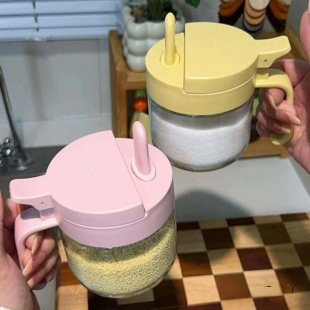 

Kitchen Glass Saucepan Sealed Handle Flip Cover Spice Storage Bottle Moisture Proof High End Creative Handle Cylinder Shape