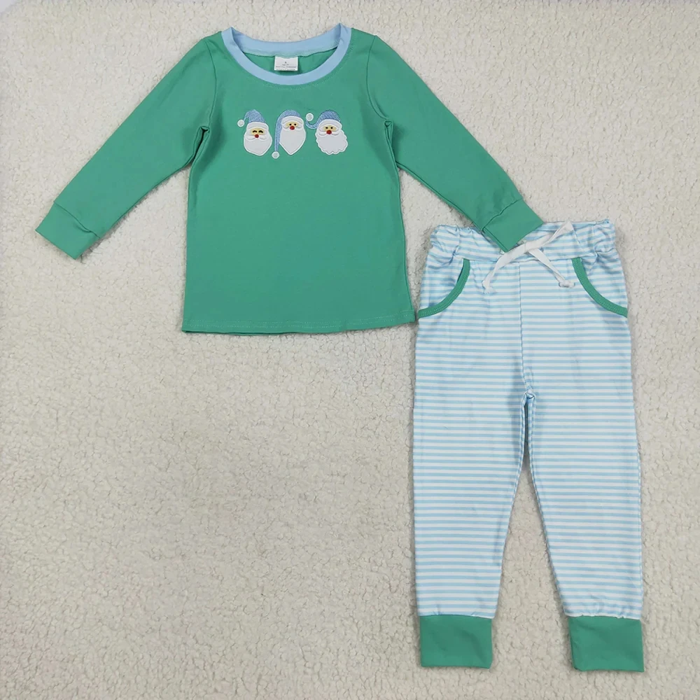 Wholesale Kids Toddler Christmas Outfit Children Embroidery Set Long Sleeves Santa Shirt Stripes Pockets Pants Baby Boy Clothes