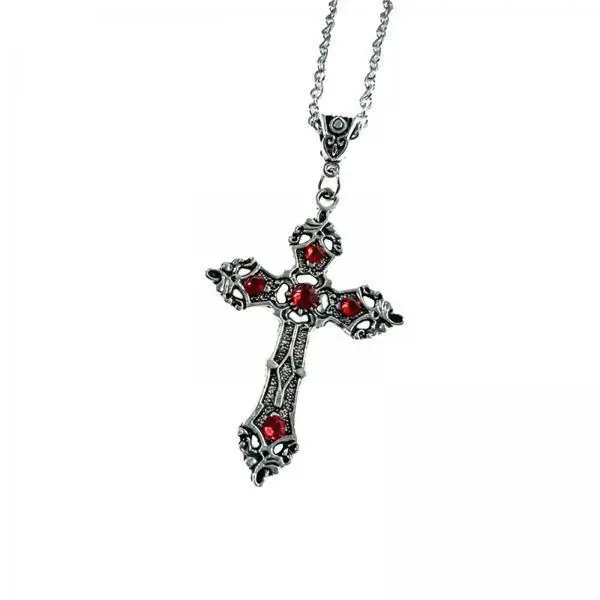 Retro Alloy Cross Pendant Necklace Faith Jewelry Gothic Crucifix Antique Silver with Red Rhinestone for Religious Ceremony Gift
