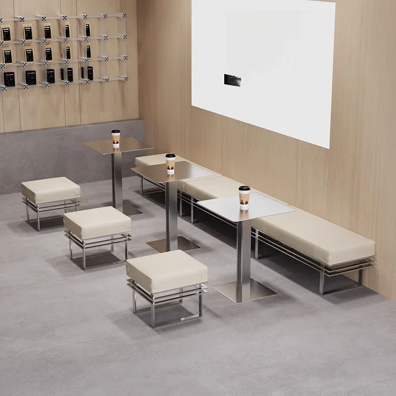 Industrial style stainless steel bench Internet celebrity milk tea shop table and chair combination, coffee shop booth