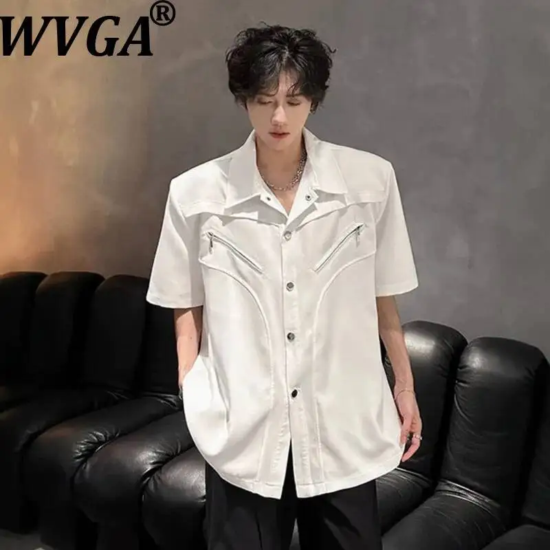 WVGA Summer New Men's Short Sleeved Shirts Shoulder Padded Trendy Design High-end Niche Chic Casual Turn-Down Collar Tops W23691